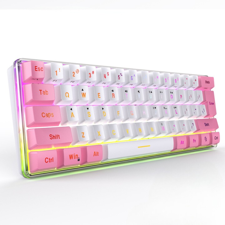 RGB механична клавиатура с 61 клавиша, RGB осветление с 8 режима и 5 нива на яркост, компактен и ергономичен дизайн за игри и работа, съвместим с Windows, macOS и Android, издръжливи инжектирани клавишни капачки, цвят розово/бяло
