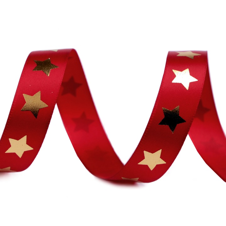 Сатенена панделка в цвят бордо със златисти звезди ширина 20мм, дължина 13,5м