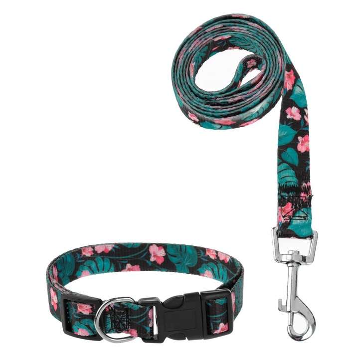 Kutyanyakörv és póráz szett virágmintával, többszínű, 36 cm-60 cm, 2 db