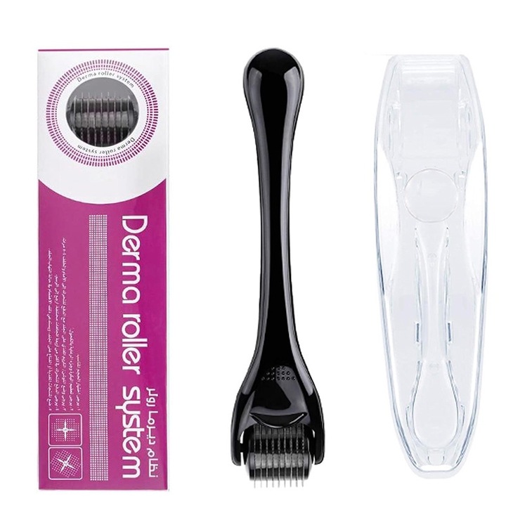 Arcmasszázs készülék Derma Roller, 0,3 mm, Fejbőr, Hajhullás ellen, Striák, Hegek, Ráncok, Szennyeződést tartalmaz Védőtakaró 540 Titán tűk, Fekete