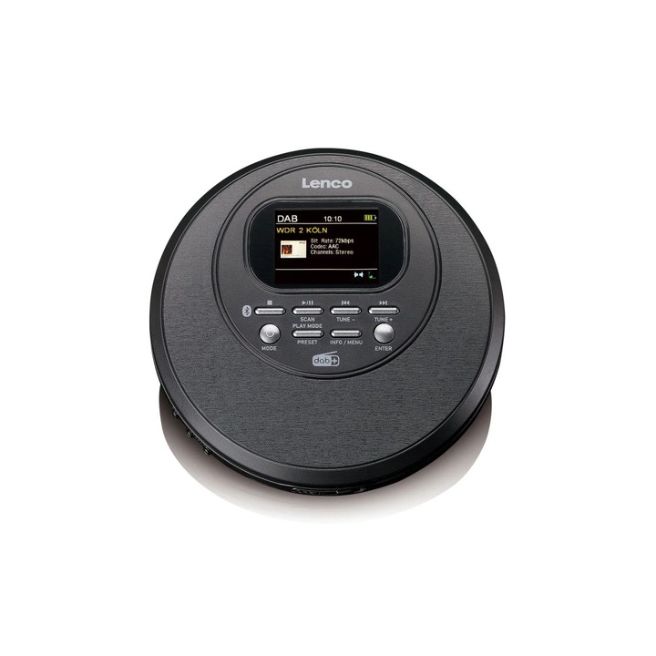 Преносим CD плейър, Lenco CD-500BK, Bluetooth, DAB+/FM радио, черен, 4 часа възпроизвеждане на MP3/CD, 8 часа радио