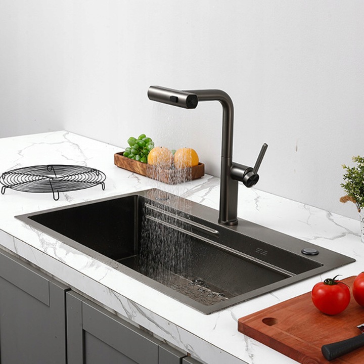Chiuveta de bucatarie multifunctionala Sky Rain 7546 din otel cu robinet curgere tip cascada, jet sau spray, dus extractibil, aspect modern, Graphite