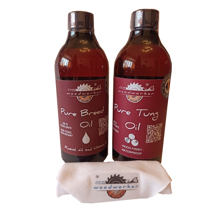 Tömörfa karbantartó csomag, Dual Pack Pure Breed Oil, Pure Tung Oil, pamutszövet, élelmiszer-biztonságos, 500ml/500ml, famegmunkáló