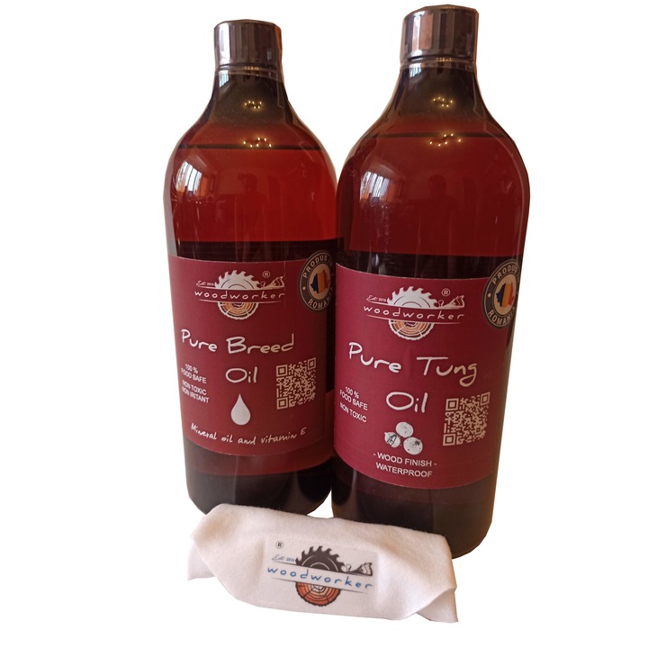 Pachet intretinere lemn masiv, Dual Pack, Pure Breed Oil, Pure Tung Oil, laveta bumbac, food-safe, 1000ml/1000ml, woodworker