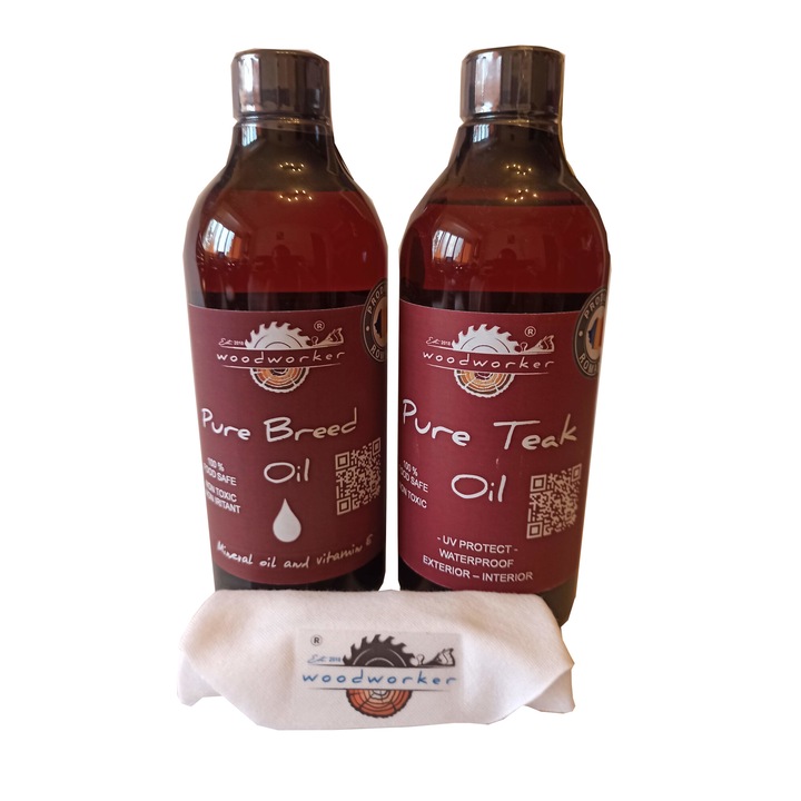 Tömörfa karbantartó csomag, Dual Pack, Pure Breed Oil, Pure Teak Oil, Pamutszövet, 500ml/500ml, Famegmunkáló