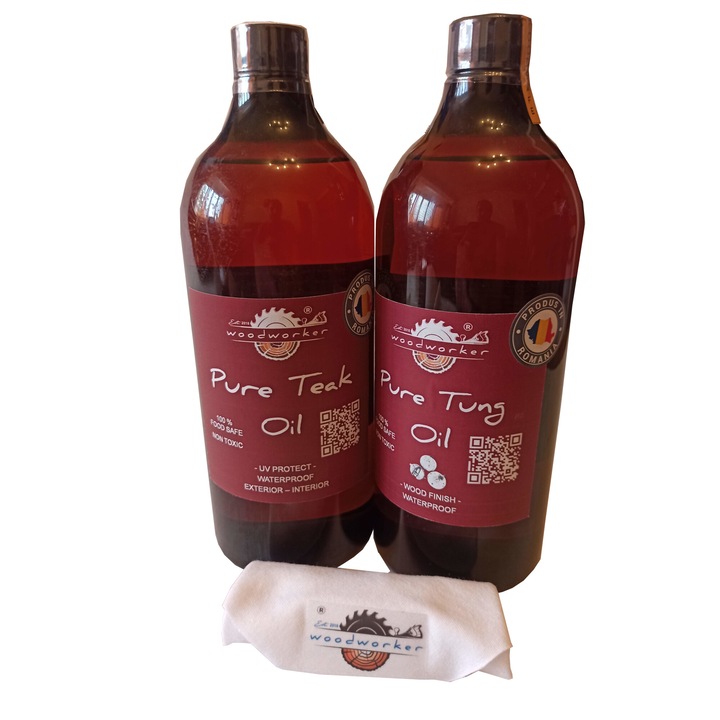Pachet intretinere lemn masiv, interior, exterior, Dual Pack, Pure Tung Oil, Pure Teak Oil, laveta bumbac, 1000ml/1000ml, woodworker
