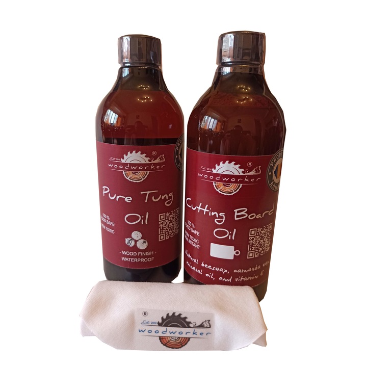 Tömörfa karbantartó csomag, belső, külső, Dual Pack, Pure Tung Oil, Vágódeszka Olaj, Pamutszövet, 500ml/500ml, Élelmiszerbiztonságos, Famegmunkáló