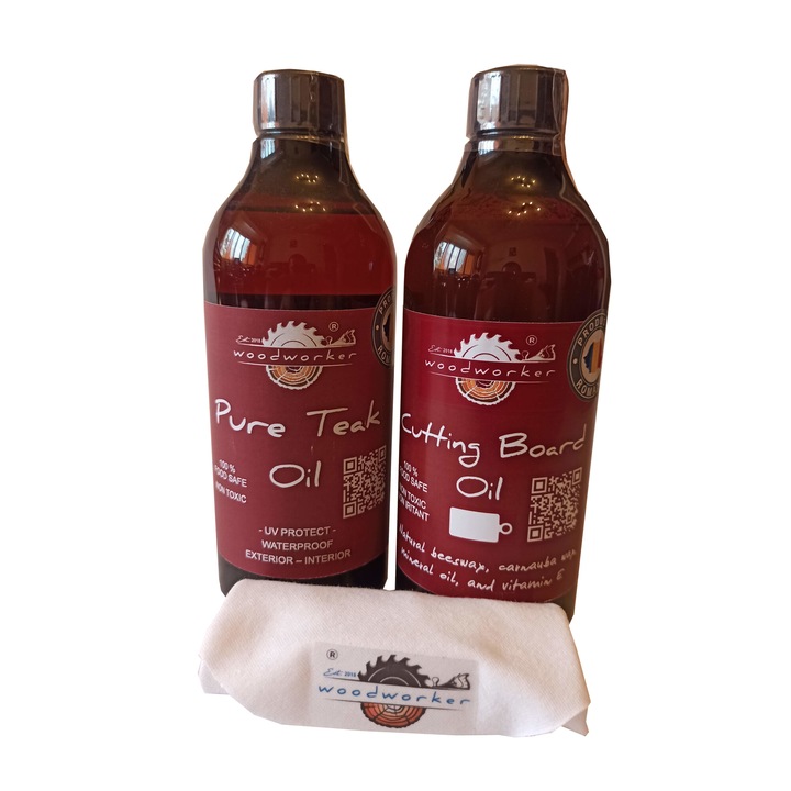 Tömörfa karbantartó csomag, belső, külső, kettős csomag, tiszta teak olaj, vágódeszka olaj, pamut kendő, 500 ml/500 ml, famegmunkáló