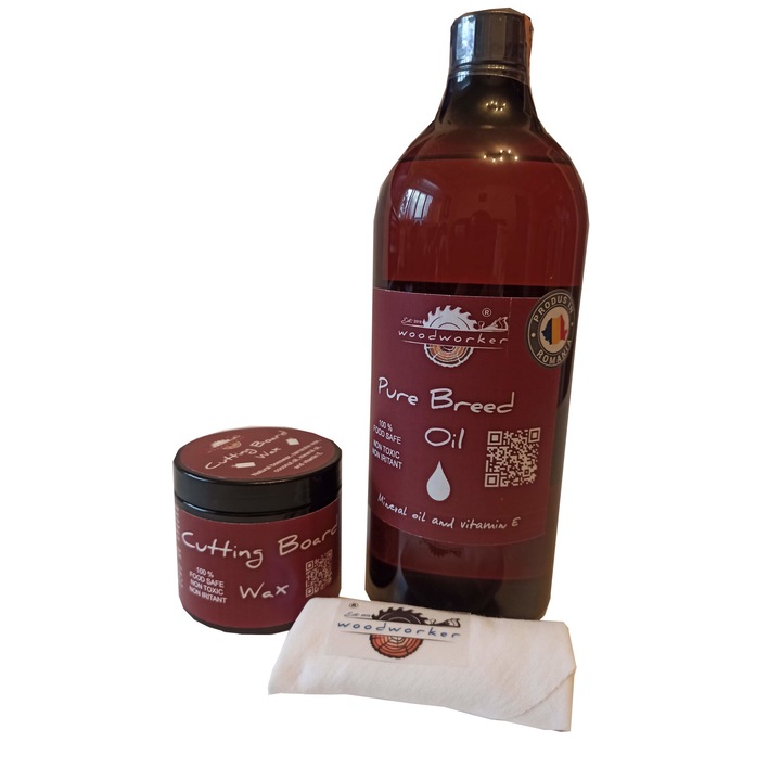 Befejező-viaszoló készlet tömörfa bútorokhoz, Mix'N Match Pure Breed Oil & Cutting Board Wax, 1000ml/200ml, pamutszövet, élelmiszer-biztonságos, nem mérgező, aprítók, famegmunkáló