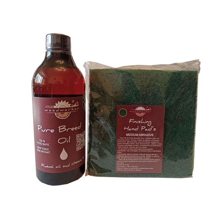 Tömörfa bútorkarbantartó készlet, Prep'N Shine-Pure Breed Oil & Hand Pad's Medium Abrasive Green, 500 ml, élelmiszer-biztonságos, nem mérgező, famegmunkáló