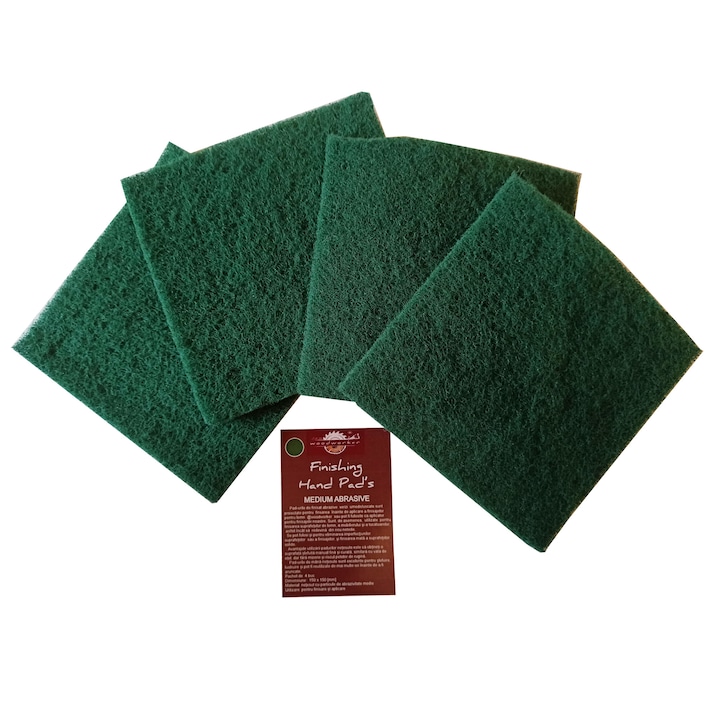 Nem szőtt kendő, közepesen koptató, zöld, Finishing Hand Pad's Medium Abrasive, befejező, nedves/száraz alkalmazás befejező, fa bútorok, 150x150 mm, 4 db-os készlet, Woodworker