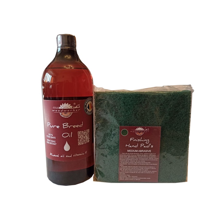 Tömörfa bútor karbantartó készlet, Prep'N Shine-Pure Breed Oil & Hand Pad's Medium Abrasive Green, 1000 ml, élelmiszer-biztonságos, nem mérgező, famegmunkáló