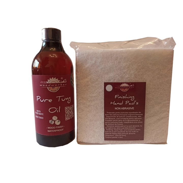 Tömörfa bútor karbantartó készlet, Prep'N Shine-Pure Tung olaj & Kézpárnák, nem koptató hatású, fehér, 500 ml, élelmiszer-biztonságos, nem mérgező, famegmunkáló