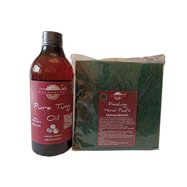Tömörfa bútorkarbantartó készlet, Prep'N Shine-Pure Tung Oil & Hand Pad's Medium Abrasive Green, 500 ml, élelmiszer-biztonságos, nem mérgező, famegmunkáló