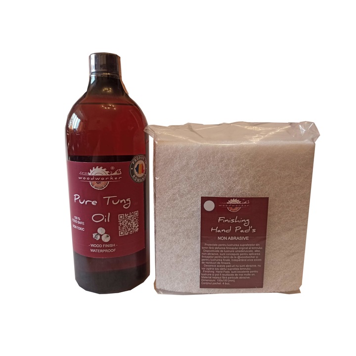 Tömörfa bútor karbantartó készlet, Prep'N Shine-Pure Tung Oil & Hand Pad's Non Abrasive fehér, 1000 ml, élelmiszer-biztonságos, nem mérgező, famegmunkáló