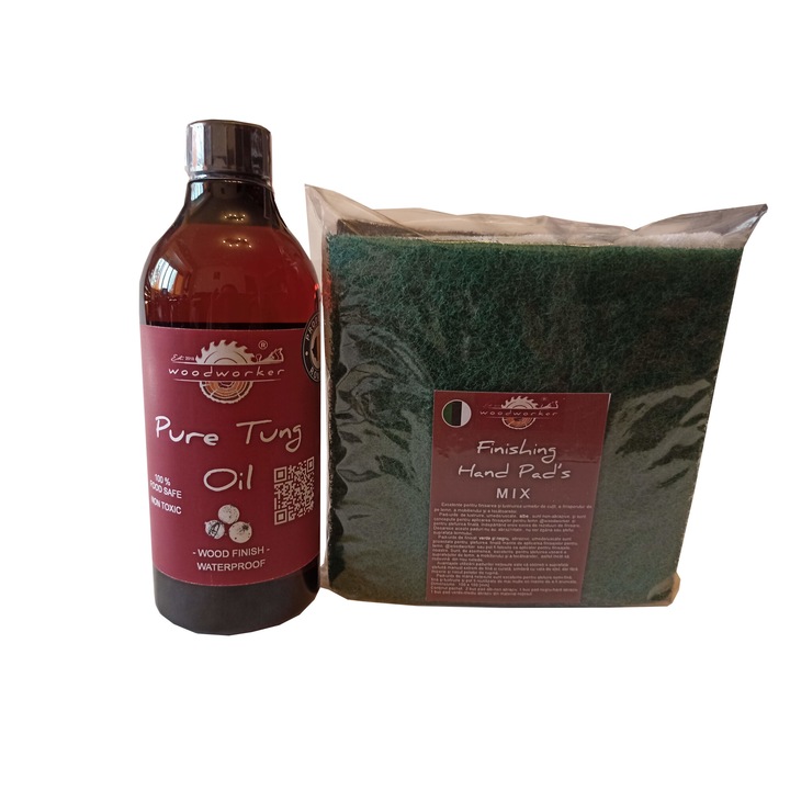 Tömörfa bútor karbantartó készlet, Prep'N Shine-Pure Tung Oil & Hand Pad's Mix Abrasive, fehér, fekete zöld, 500 ml, élelmiszer-biztonságos, nem mérgező, famegmunkáló