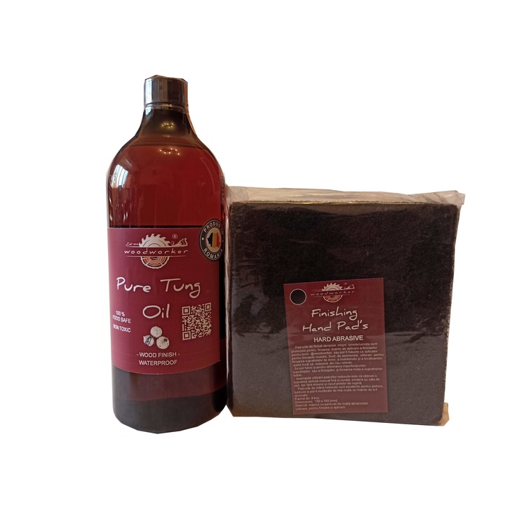 Tömörfa bútor karbantartó készlet, Prep'N Shine-Pure Tung Oil & Hand Pad's Hard Abrasive fekete, 1000 ml, élelmiszer-biztonságos, nem mérgező, famegmunkáló
