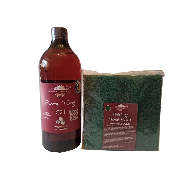 Tömörfa bútor karbantartó készlet, Prep'N Shine-Pure Tung Oil & Hand Pad's Medium Abrasive Green, 1000 ml, élelmiszer-biztonságos, nem mérgező, famegmunkáló