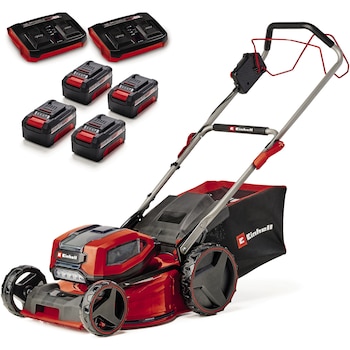 Masina de tuns gazonul pe acumulator Einhell Professional GP-CM 36/47 S Li BL Kit Power X-Change 36 V, latime taiere 47 cm, pana la 700 m², fara perii, colector de iarba de 65 L, autopropulsie , 4 acumulatori 4 Ah, incarcator Twincharger