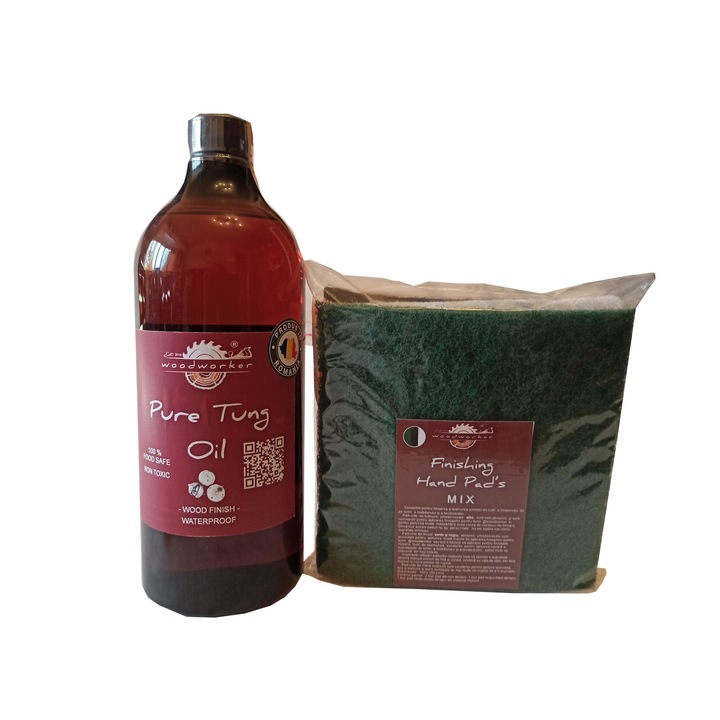 Tömörfa bútor karbantartó készlet, Prep'N Shine-Pure Tung Oil & Hand Pad's Mix Abrasive, fehér, fekete, zöld, 1000 ml, élelmiszer-biztonságos, nem mérgező, famegmunkáló