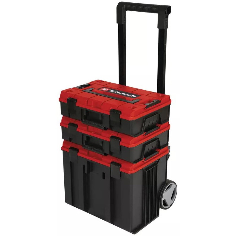 Set cutii de depozitare tip troller Einhel E-Case Tower, max. 120 kg, format din 3 valize, inclus accesorii, depozitare și transport de accesorii și unelte, stivuibil, cu posibilit