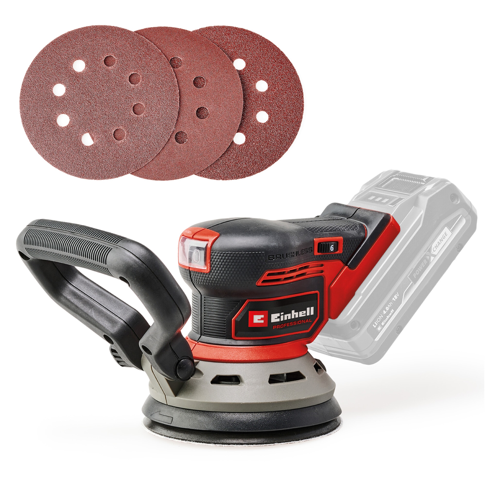 Slefuitor orbital pe acumulator Einhell Professional Professional TP-RS 18/32 Li BL-Solo Power X-Change 18 V, fara perii, disc de slefuire 125 mm, hartie abraziva, fara acumulator/