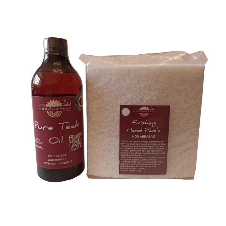 Tömörfa bútor karbantartó készlet, Prep'N Shine-Pure Teak Oil & Hand Pad's Non Abrasive fehér, 500 ml, belső, külső, famegmunkáló