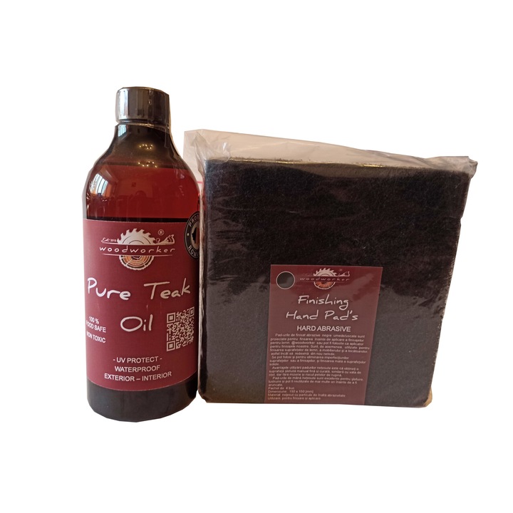 Tömörfa bútor karbantartó készlet, Prep'N Shine-Pure Teak Oil & Hand Pad's Hard Abrasive fekete, 500 ml, belső, külső, famegmunkáló