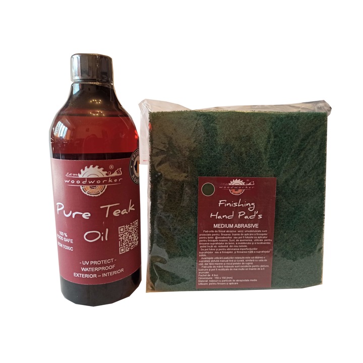 Tömörfa bútor karbantartó készlet, Prep'N Shine-Pure Teak Oil & Hand Pad's Medium Abrasive Green, 500 ml, belső, külső, famegmunkáló