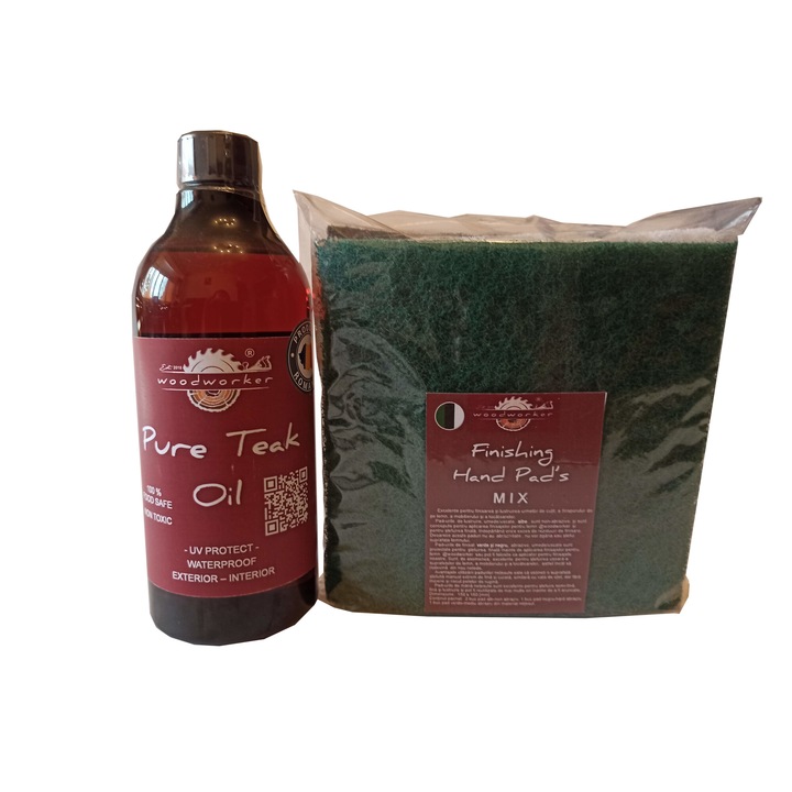 Tömörfa bútor karbantartó készlet, Prep'N Shine-Pure Teak Oil & Hand Pad's Mix Abrasive, fehér, fekete, zöld, 500 ml, belső, külső, famegmunkáló