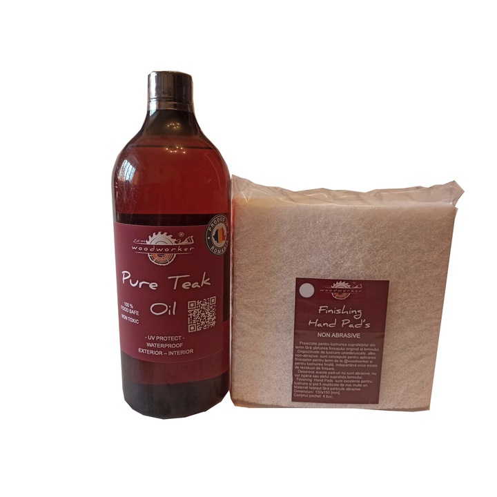 Tömörfa bútor karbantartó készlet, Prep'N Shine-Pure Teak Oil & Hand Pad's Non Abrasive fehér, 1000 ml, belső, külső, famegmunkáló