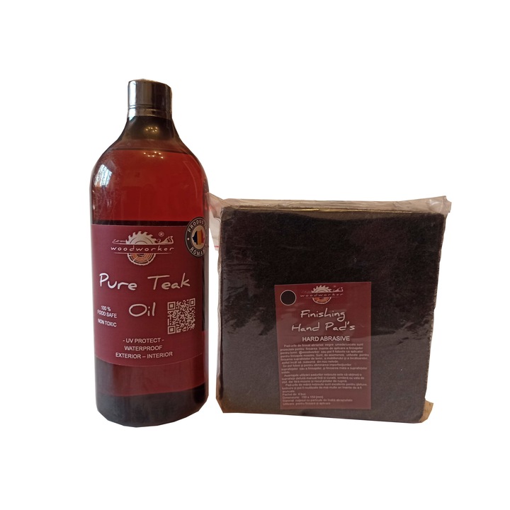 Tömörfa bútor karbantartó készlet, Prep'N Shine-Pure Teak Oil & Hand Pad's Hard Abrasive fekete, 1000 ml, belső, külső, famegmunkáló