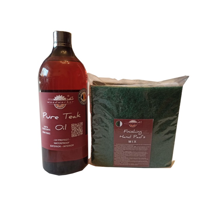 Tömörfa bútor karbantartó készlet, Prep'N Shine-Pure Teak Oil & Hand Pad's Mix Abrasive, fehér, fekete zöld, 1000 ml, belső, külső, famegmunkáló