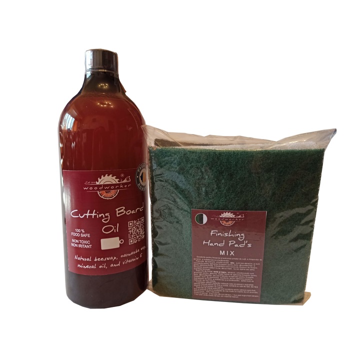 Kit intretinere mobilier lemn masiv, Prep’N Shine-Cutting Board Oil & Hand Pad’s Mix Abrasive, alb, negru verde, 1000 ml, tocatoare, food-safe, non toxic, woodworker