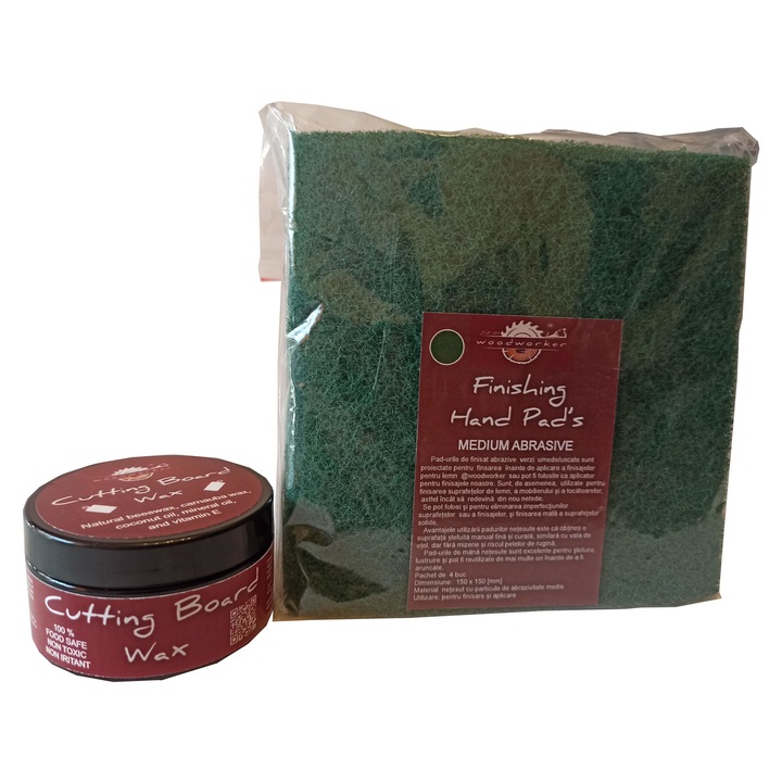Kit intretinere mobilier lemn masiv, Prep’N Shine-Cutting Board Wax & Hand Pad’s Medium Abrasive, verde, 100 ml, tocatoare, food-safe, non toxic, woodworker