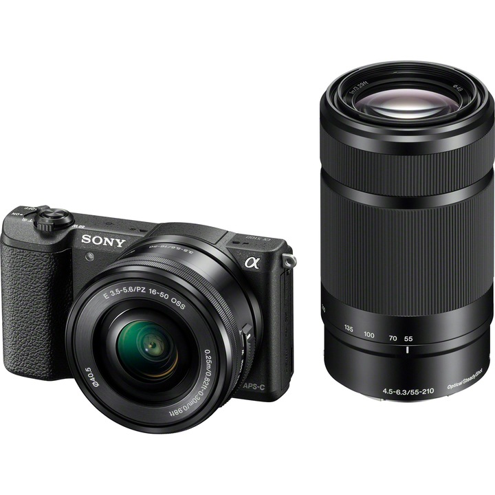 Aparat foto Mirrorless Sony Alpha A5100 Y 24.3MP, Negru + Double Kit - Obiectiv Sony SELP1650, 16-50mm + Obiectiv Sony SEL55210 55-210mm