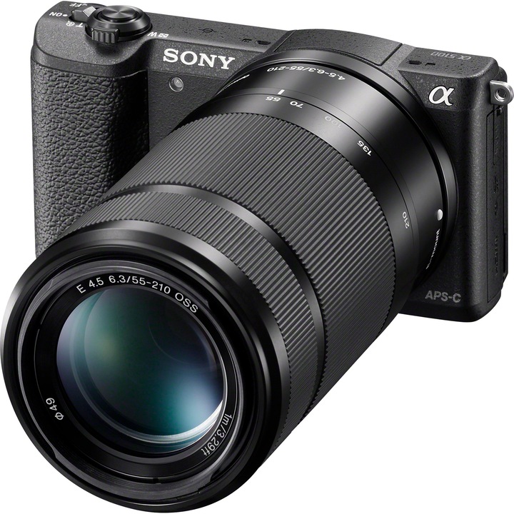 Aparat foto Mirrorless Sony Alpha A5100 Y 24.3MP, Negru + Double Kit - Obiectiv Sony SELP1650, 16-50mm + Obiectiv Sony SEL55210 55-210mm