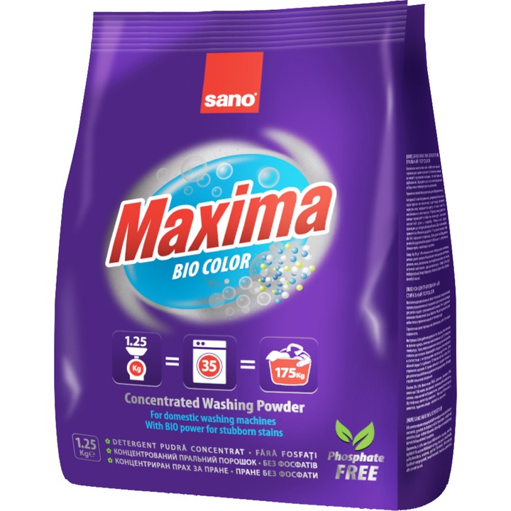 Концентриран прах за пране Sano Maxima Bio, без фосфати, 1.25 кг
