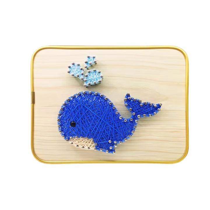 Комплект за занаяти String Art с конец за деца и възрастни, модел Balena, 3D ефект, DIY материал, предварително перфорирана дървена опора, орнамент за бюро, ръчна изработка, размери 15 x 20 cm