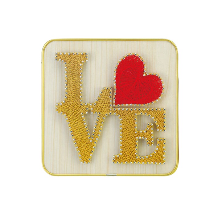Комплект за занаяти String Art с конец за деца и възрастни, модел LOVE, 3D ефект, DIY материал, предварително перфорирана дървена опора, орнамент за бюро, ръчна изработка, размери 20 x 20 cm