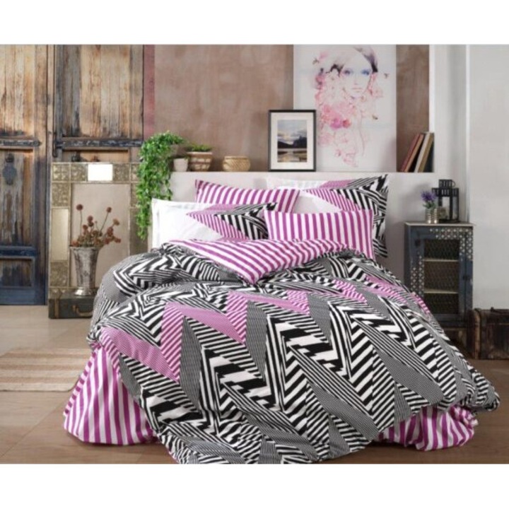 Lenjerie De Pat Bumbac 100% Poplin HOBBY - Alb, Negru Si Roz