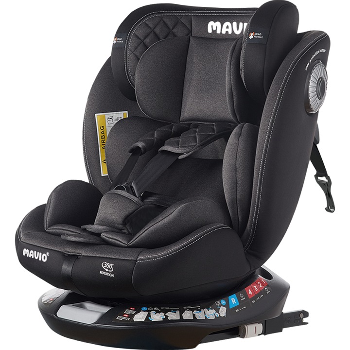 Scaun Auto Bebelusi Mavio®, Model G406, Rotativ, 360 de grade, ISOFIX, pentru Copii intre 0 si 12 ani sau pana la 36kg, Protectie Impact Lateral, Negru