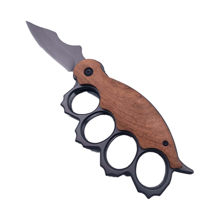 Cutit Pumnal cu Deschidere pe Buton, Model Lama Curbata, Maner Lemn, Prindere Curea, 21 cm, Maro, dalimag