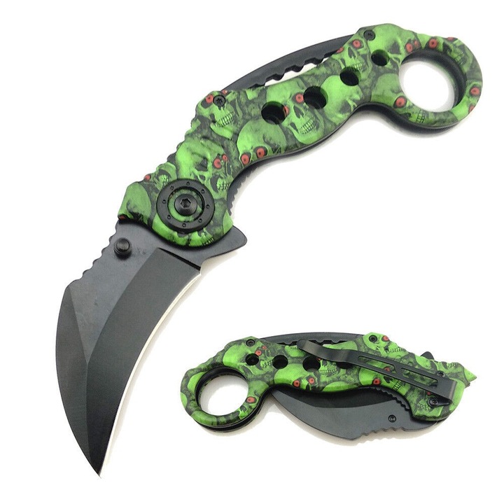Briceag Karambit Columbia, Model Cap Mort, Deschidere Manuala, Prindere Curea, Verde, 18 Cm, Dalimag