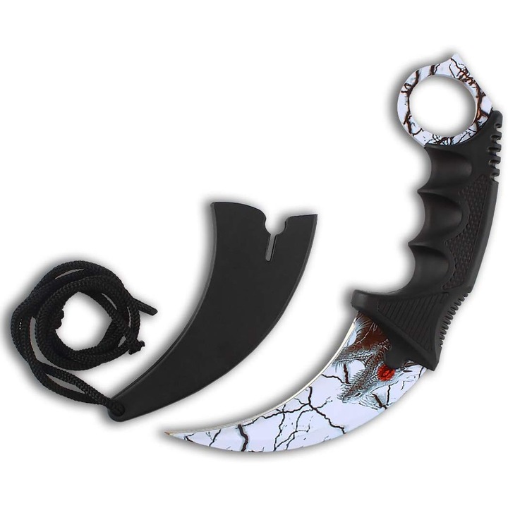 Cutit Karambit din otel cu teaca si snur de agatat, model dragon alb, 19 cm, dalimag