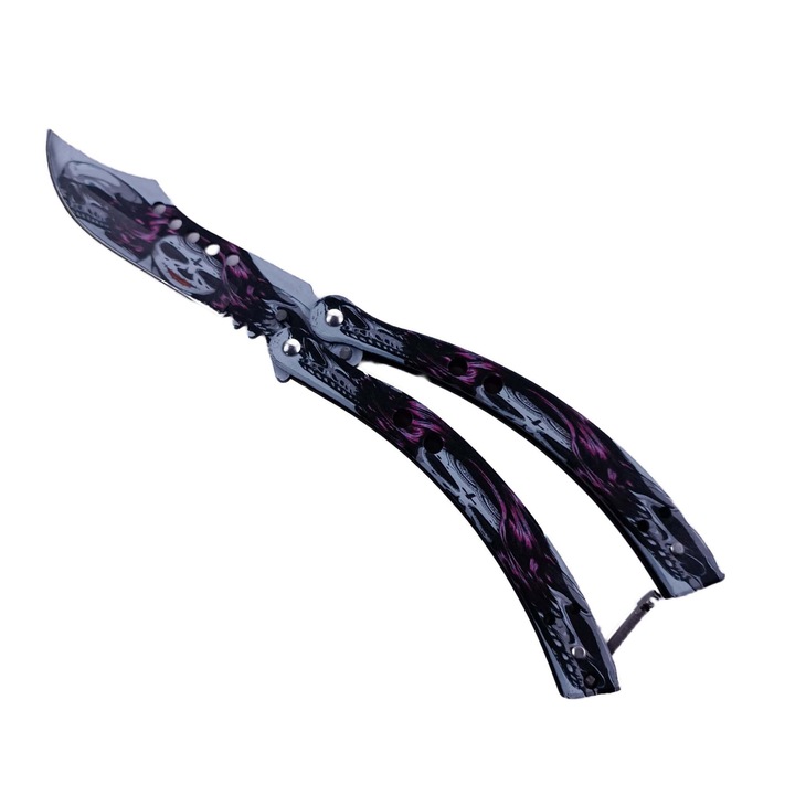 Briceag Fluture cu Tais, Din Otel, Model cu Gauri in Lama, Model Cap de Mort 2025, Curbat, 22 cm, Multicolor, dalimag