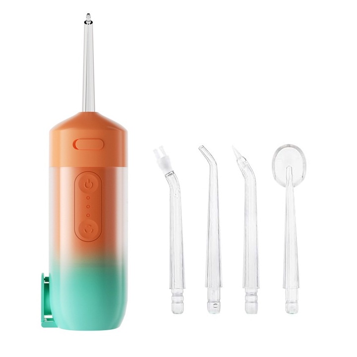 Elektromos szájöblítő, Rqiurpn, mini hordozható, 3 üzemmód, 4 cserélhető fej, 200 ml, vízálló, túlmelegedés, Nem mérgező anyagok, Többszínű