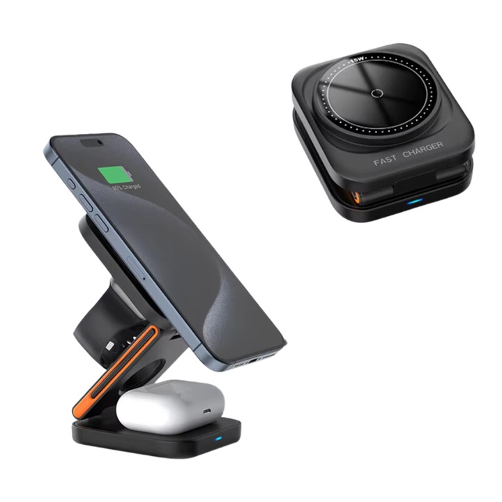 Incarcator 3 in 1 model 2024, magnetic, Wireless, pliabil, 15W, utra subtire, portabila, statie de incarcare rapida rapida, pentru telefon, ceas, casti, perfect cadou de calatorie, Dare4U, negru