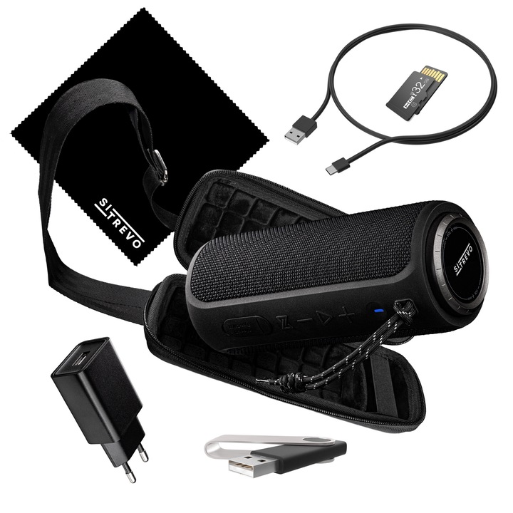 Boxa Portabila SITREVO, Ajustarea volumului prin rotire, Bluetooth 5.0, Baterie Reincarcabila 4000mAh, 30W, Autonomie 12h, IPX7, Built-in MaxxAudio DSP, Functie Powerful Bass, Geanta Protectie, Adaptor, Cablu USB, Stick USB 32 GB, Micro SD Card 32GB