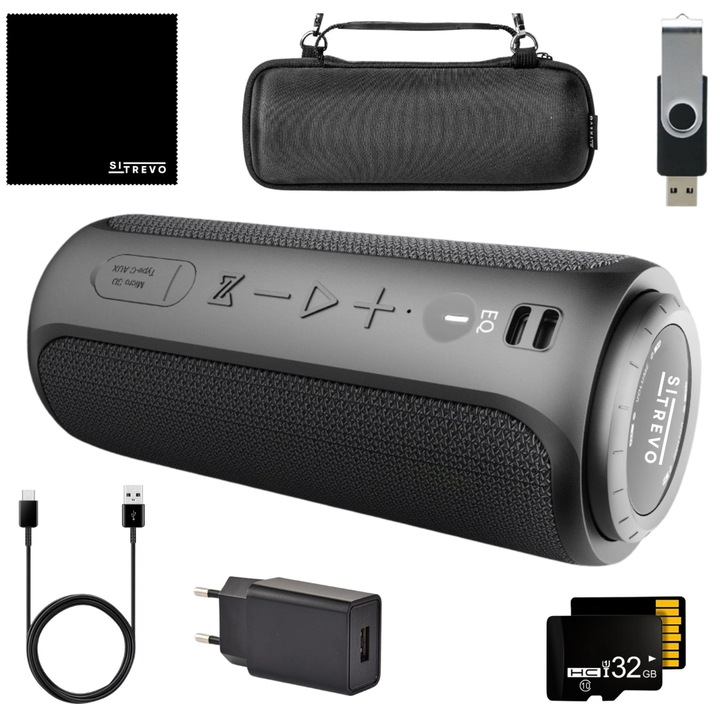 SITREVO hordozható hangszóró, Bluetooth 5.0, újratölthető akkumulátor 4000 mAh, 30 W, 12 órás autonómia, IPX7, beépített MaxxAudio DSP, erőteljes basszus funkció, védőtáska, adapter, USB-kábel, 32 GB-os USB Stick